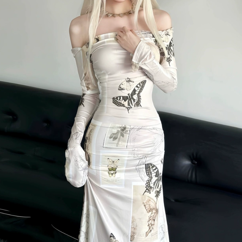 Whimsical Wanderer Off-Shoulder Maxi Dress: Vintage Butterfly Print & Ruched Fall Elegance