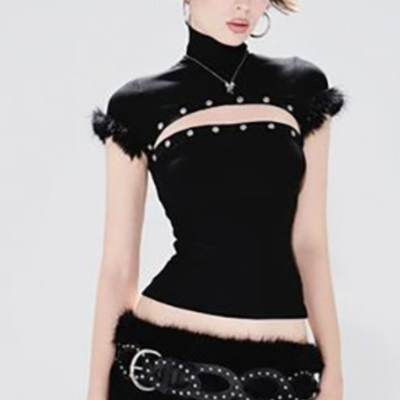 Spooky Chic Faux Fur Trim Cut-Out Turtleneck Crop Top - Edgy Halloween & Night Out Style