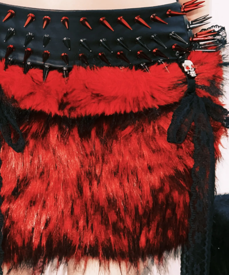 Fierce Faux Fur Spiked Mini Skirt Set - Red & Black Halloween Rave & Festival Ready