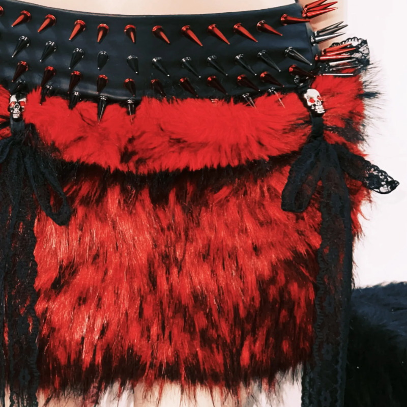 Fierce Faux Fur Spiked Mini Skirt Set - Red & Black Halloween Rave & Festival Ready