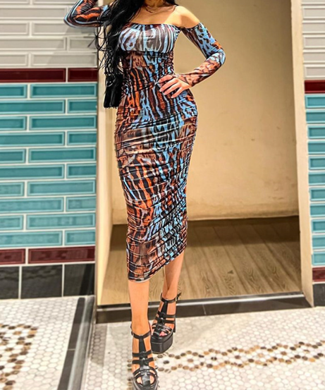 Fall '25 Trend Alert: Fierce Tiger Stripe Ruched Off-Shoulder Midi Dress