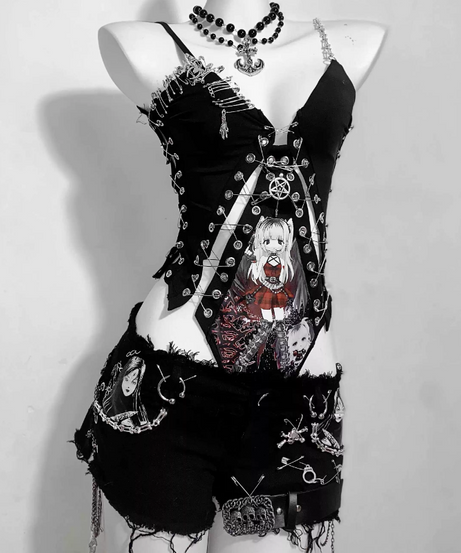 Rebel Spirit Anime Print Safety Pin Bodysuit - Edgy Goth Chain Cami for Fall & Halloween