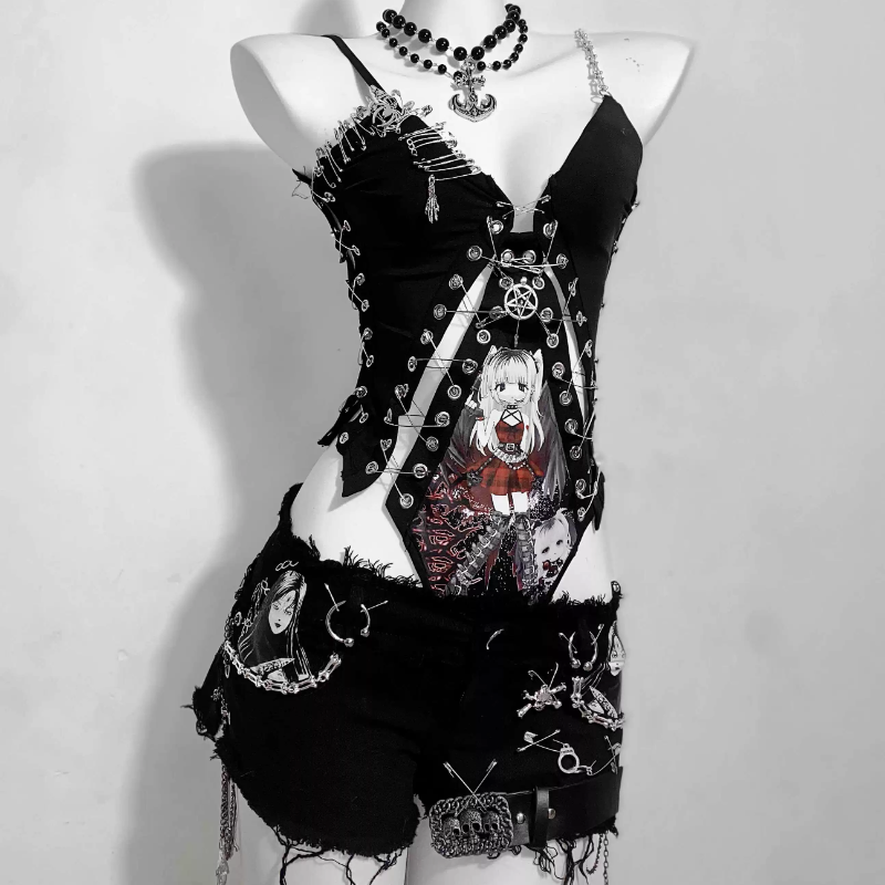 Rebel Spirit Anime Print Safety Pin Bodysuit - Edgy Goth Chain Cami for Fall & Halloween