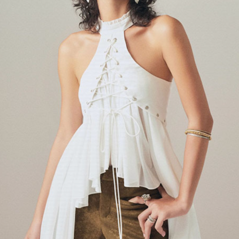 Boho Chic Halter Neck Lace-Up Peplum Top - Fall Ready Flowy Blouse for Effortless Style