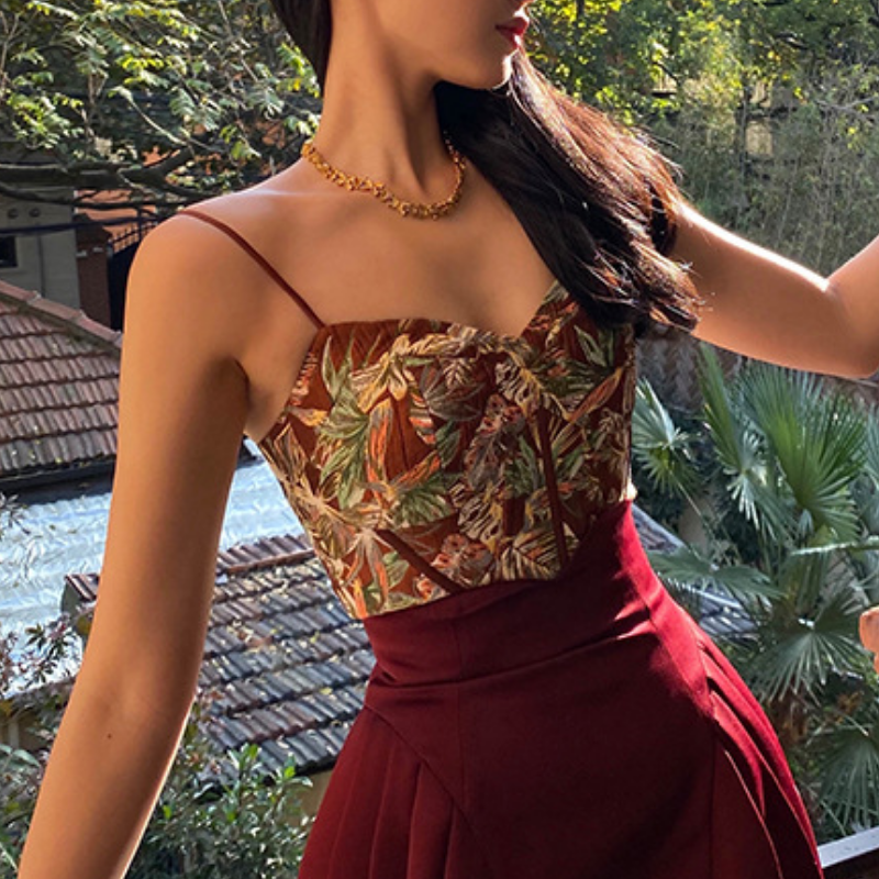 Autumn Bloom Botanical Corset Cami Top - Chic Fall Style