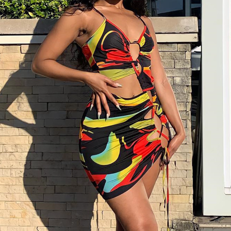 Showstopper Abstract Cut-Out Mini Dress - Bodycon Ruched Style for Fall Parties & Resort Escapes