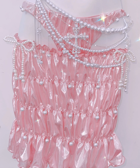 Iridescent Pink Pearl Halter Mini Skirt Set – Dazzling Coquette & Halloween Party Glam