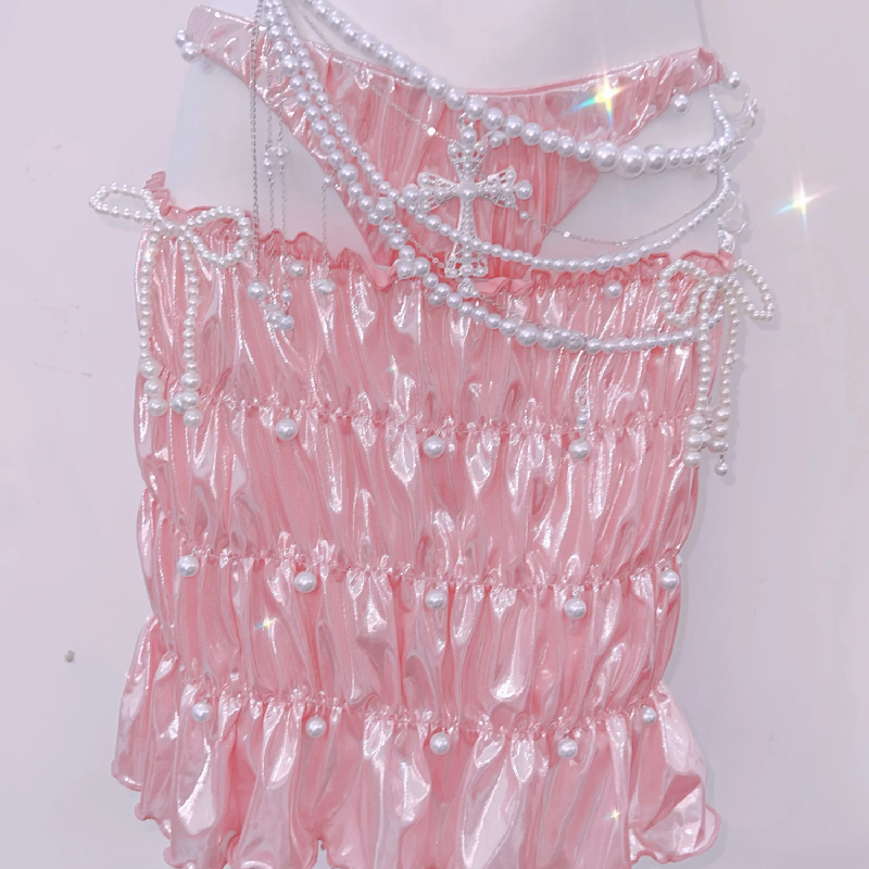 Iridescent Pink Pearl Halter Mini Skirt Set – Dazzling Coquette & Halloween Party Glam