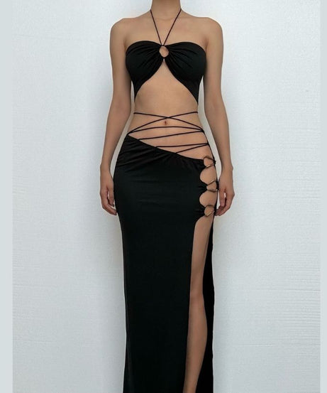 Y2K Goddess O-Ring Halter Crop Top & High Slit Maxi Skirt Set | Black Party & Vacation Wear