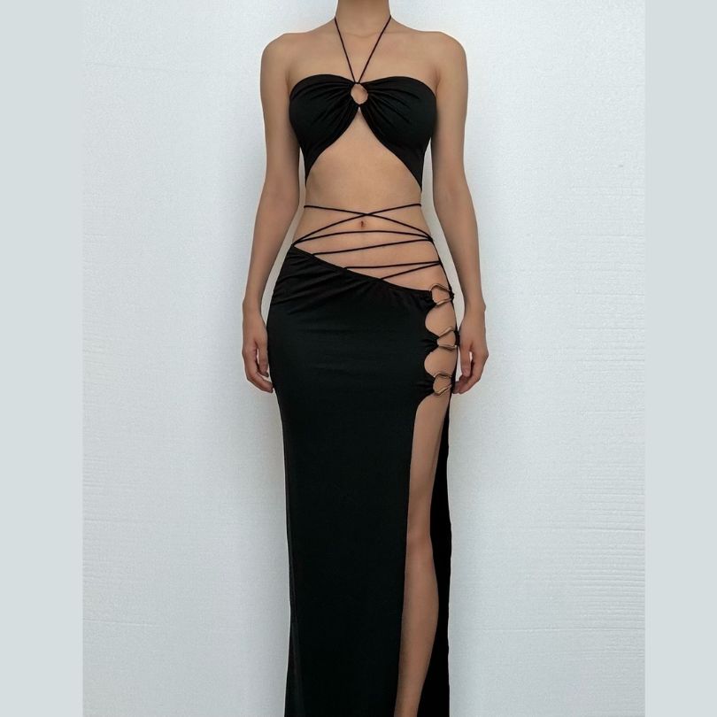 Y2K Goddess O-Ring Halter Crop Top & High Slit Maxi Skirt Set | Black Party & Vacation Wear