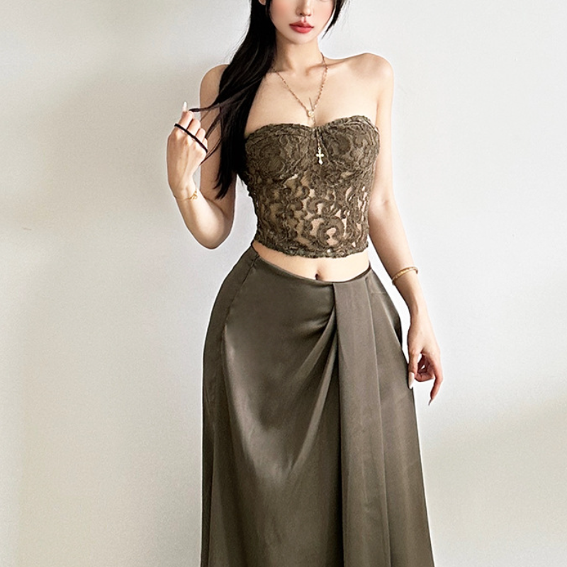 Chic Olive Green Lace Bustier Crop Top – Autumn Evening & Holiday Ready