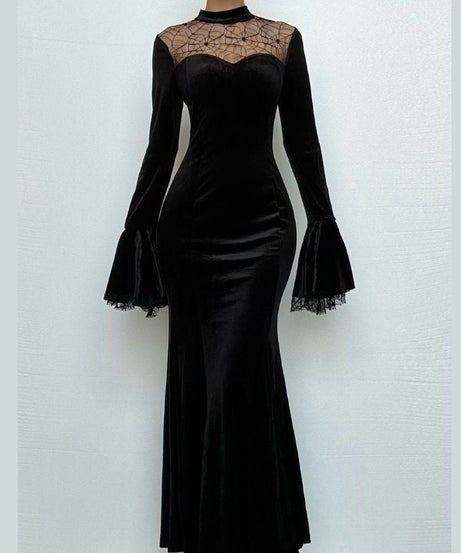 Haute Halloween: Black Velvet Spiderweb Maxi Dress - Elegant Gothic Glamour