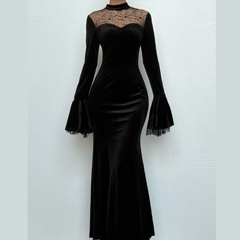 Haute Halloween: Black Velvet Spiderweb Maxi Dress - Elegant Gothic Glamour