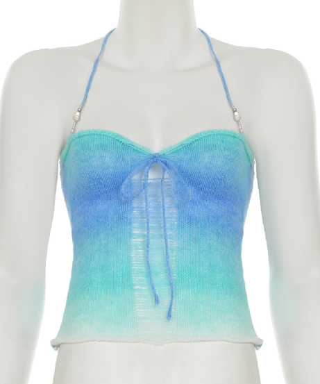 Coastal Ombre Knit Halter Top | Sweetheart Tie-Front & Pearl Details