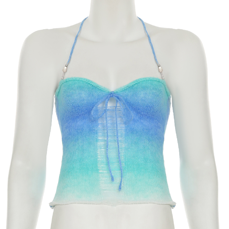 Coastal Ombre Knit Halter Top | Sweetheart Tie-Front & Pearl Details