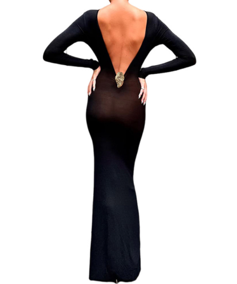 Sultry Black Deep V-Back Maxi Gown - Long Sleeve Fall & Holiday Party Dress