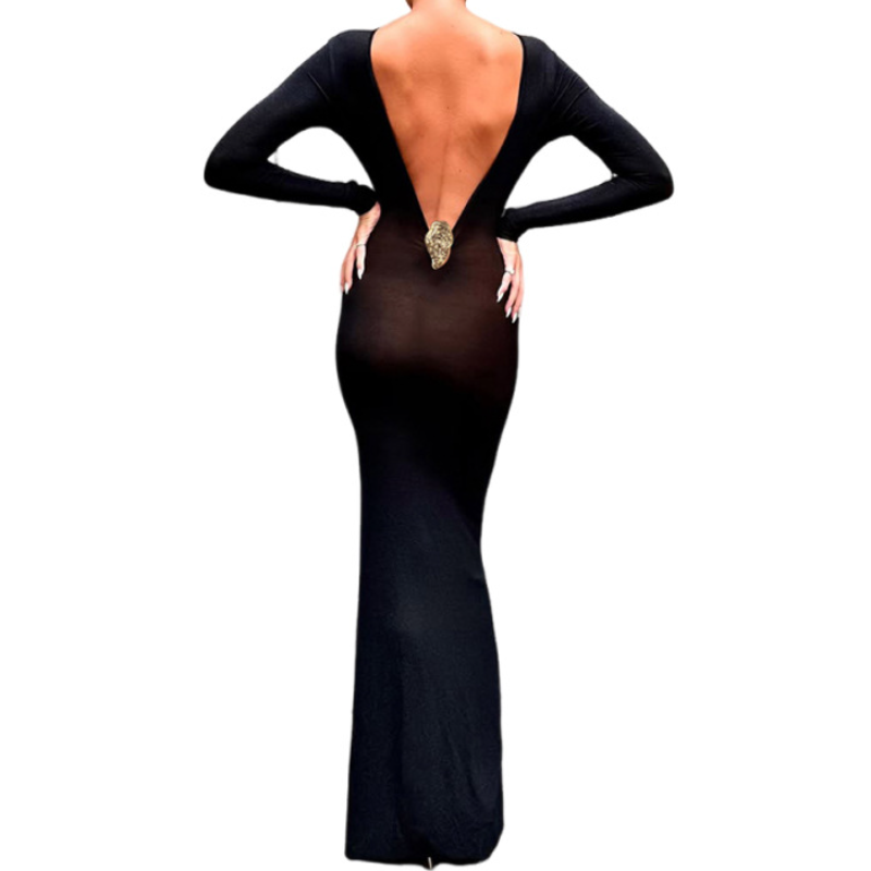 Sultry Black Deep V-Back Maxi Gown - Long Sleeve Fall & Holiday Party Dress