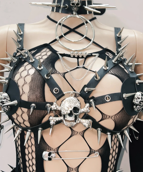 Spiked Skull Harness Bra Top - Unleash Your Inner Rebel for Halloween, Rave & Gothic Nights