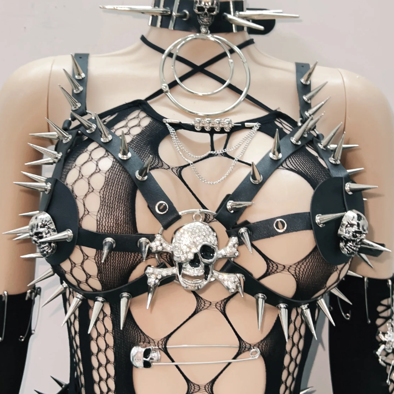 Spiked Skull Harness Bra Top - Unleash Your Inner Rebel for Halloween, Rave & Gothic Nights