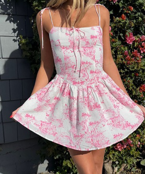 Charming Blue Toile Print Mini Dress - Adjustable Cami Straps for Fall & Vacation Chic