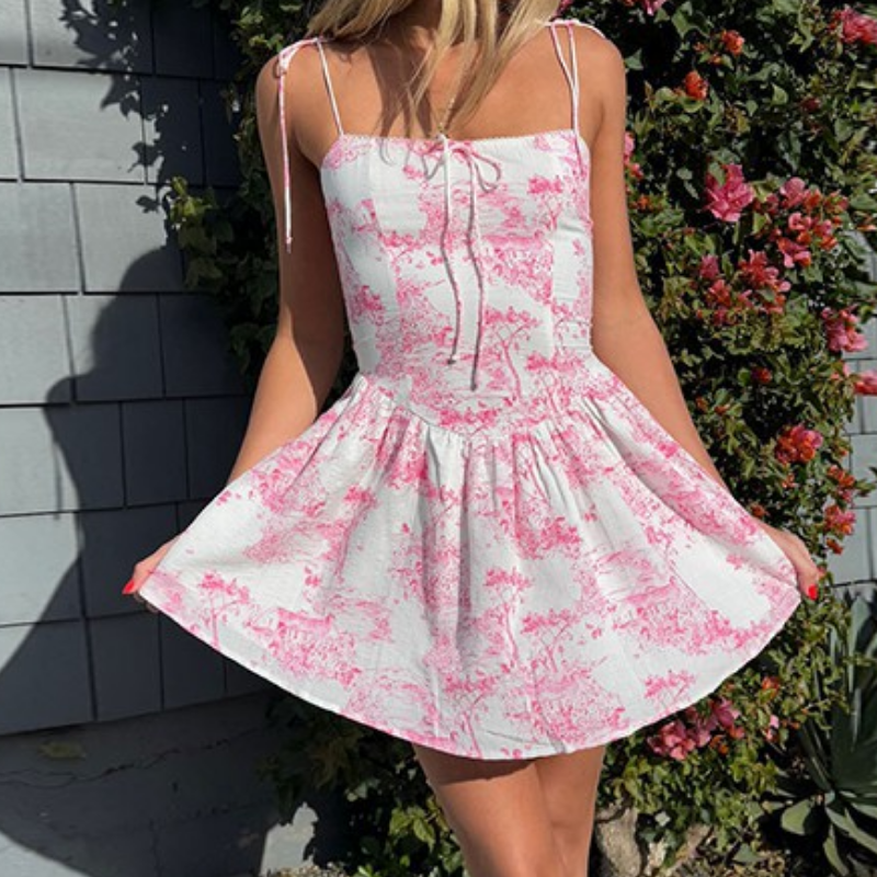 Charming Blue Toile Print Mini Dress - Adjustable Cami Straps for Fall & Vacation Chic