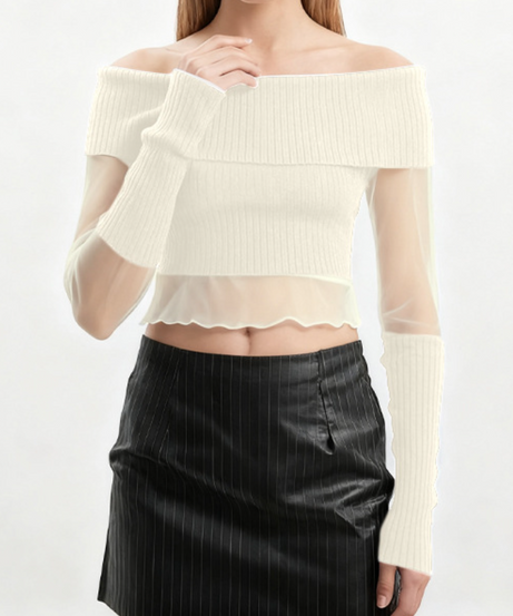 Chic Off-Shoulder Ribbed Knit & Sheer Mesh Top - Your Go-To for Fall/Winter Nights & Holiday Glam
