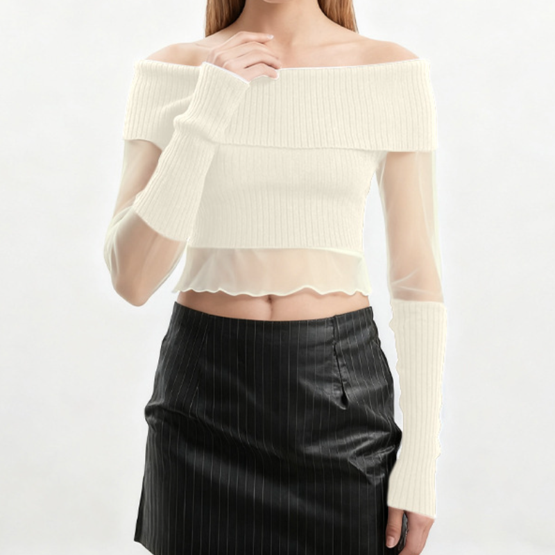 Chic Off-Shoulder Ribbed Knit & Sheer Mesh Top - Your Go-To for Fall/Winter Nights & Holiday Glam