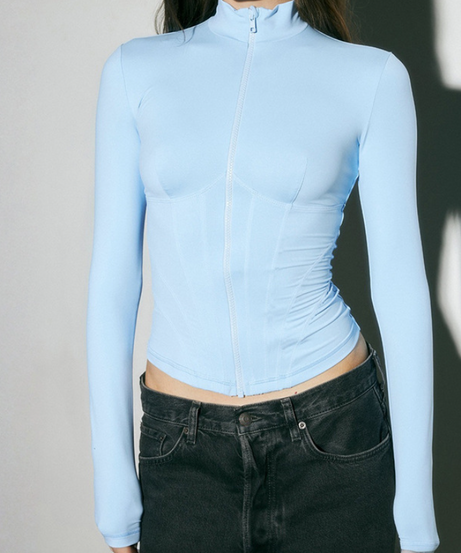 Women's Black Corset-Effect Contrast Stitch Zip Top | Holiday Party & Winter Chic