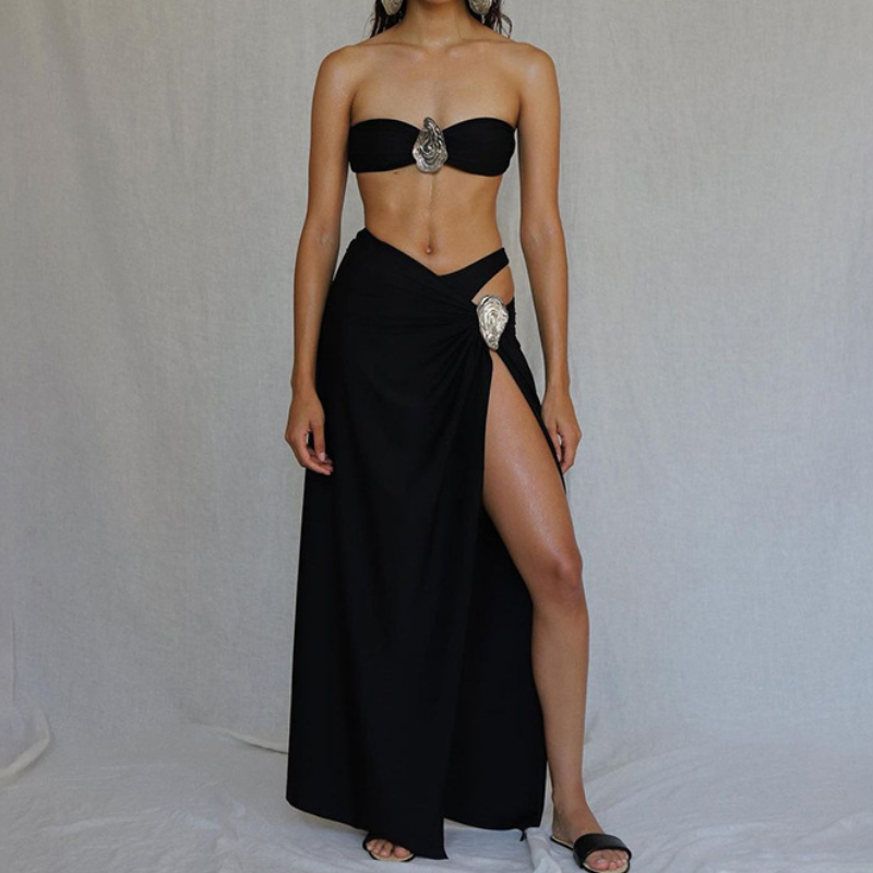 Statement Black Two-Piece Set: Strapless Top & High-Slit Maxi Skirt – Holiday Glam & Resort Chic