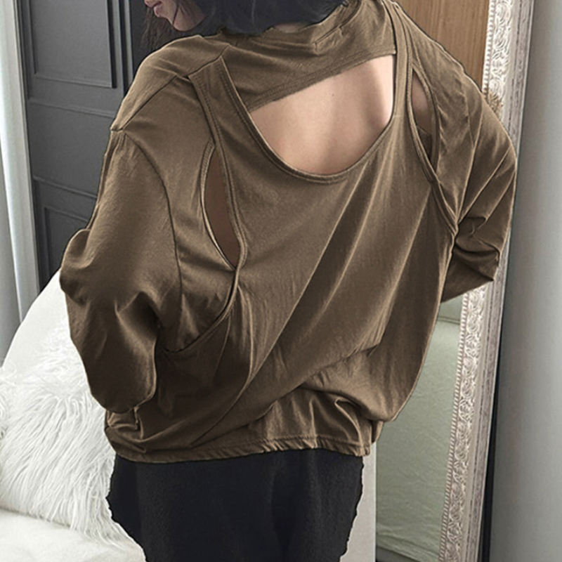 Fall Chic Cut-Out Back Long Sleeve Top - Open Shoulder & Back Style