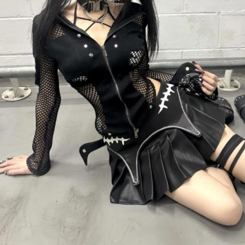 Edgy Goth Siren Fishnet Zip Hoodie & Pleated Faux Leather Mini Skirt Set