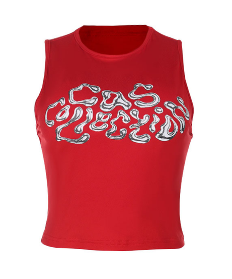 Gas Goddess Metallic Graphic Crop Top | Fiery Red Y2K Style for Fall & Halloween