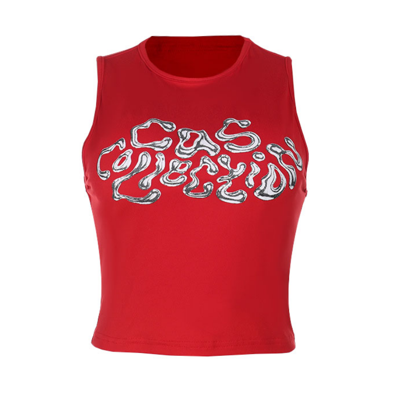 Gas Goddess Metallic Graphic Crop Top | Fiery Red Y2K Style for Fall & Halloween