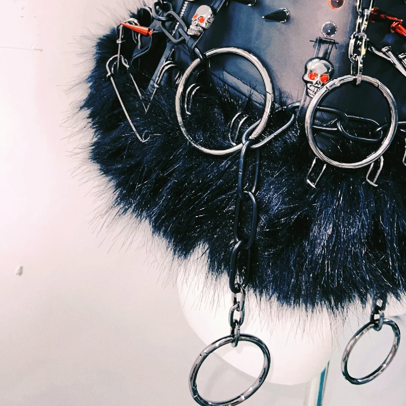 Unleash Your Inner Rebel: Spiked Skull & Chain Harness Top - Gothic Rave Festival Bralette for Halloween