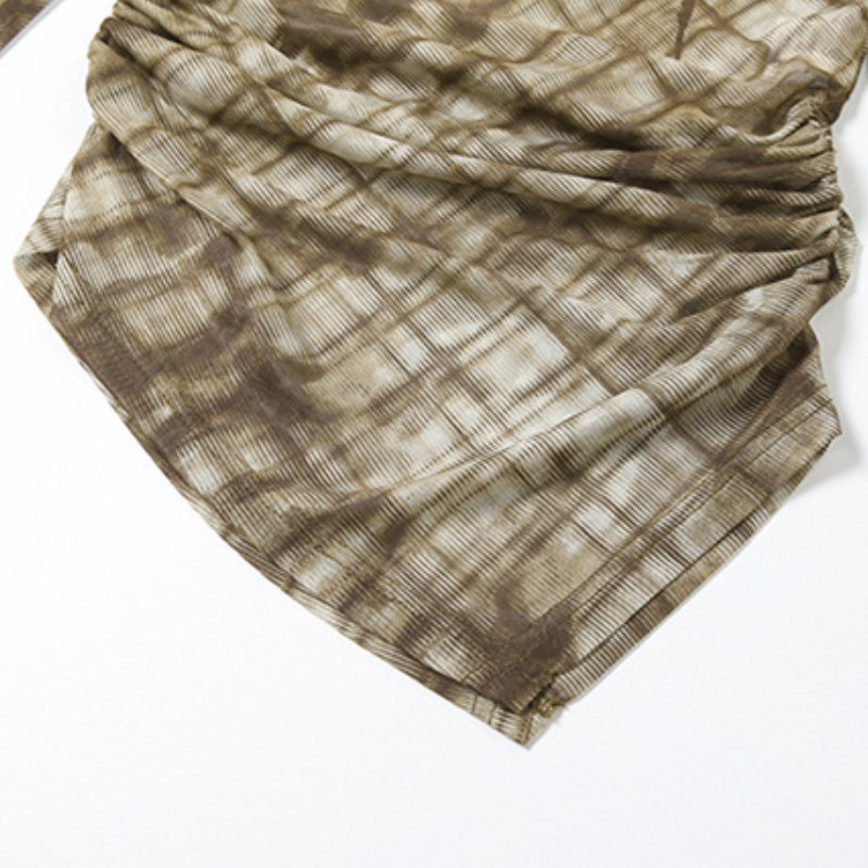 Chic Fall Plaid Mesh Top | 'Nothing' Graphic, Ruched Long Sleeve & Asymmetrical Hem – Edgy Women's Style