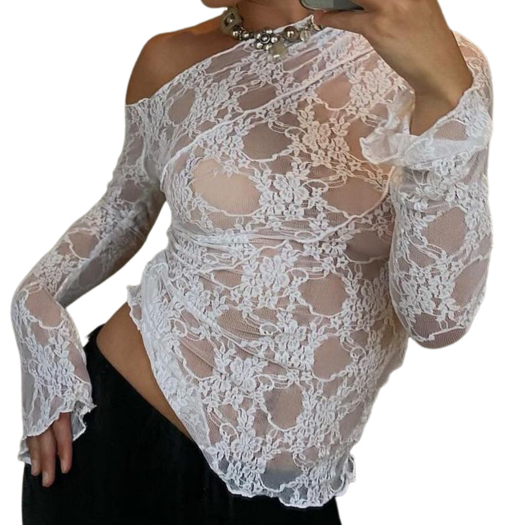 Sultry Black Lace One-Shoulder Long Sleeve Top - Chic Fall & Holiday Party Essential