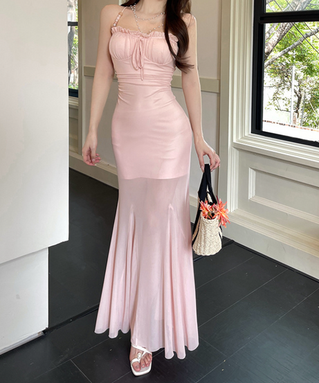 Blush Pink Satin Mermaid Maxi Dress | Elegant Ruffle Cami for Holiday Parties & Winter Getaways
