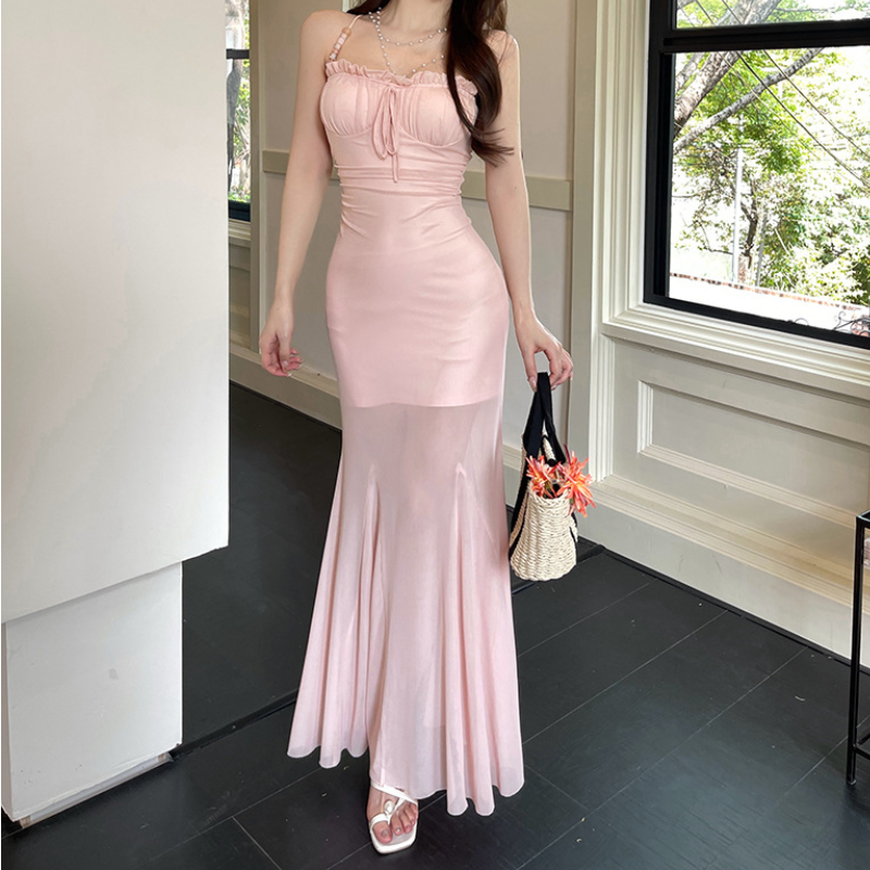 Blush Pink Satin Mermaid Maxi Dress | Elegant Ruffle Cami for Holiday Parties & Winter Getaways