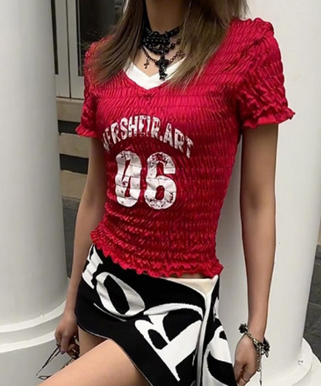 Y2K Street Style Red Ruched Crop Top - 'Mersheir.Art 06' Graphic V-Neck Tee