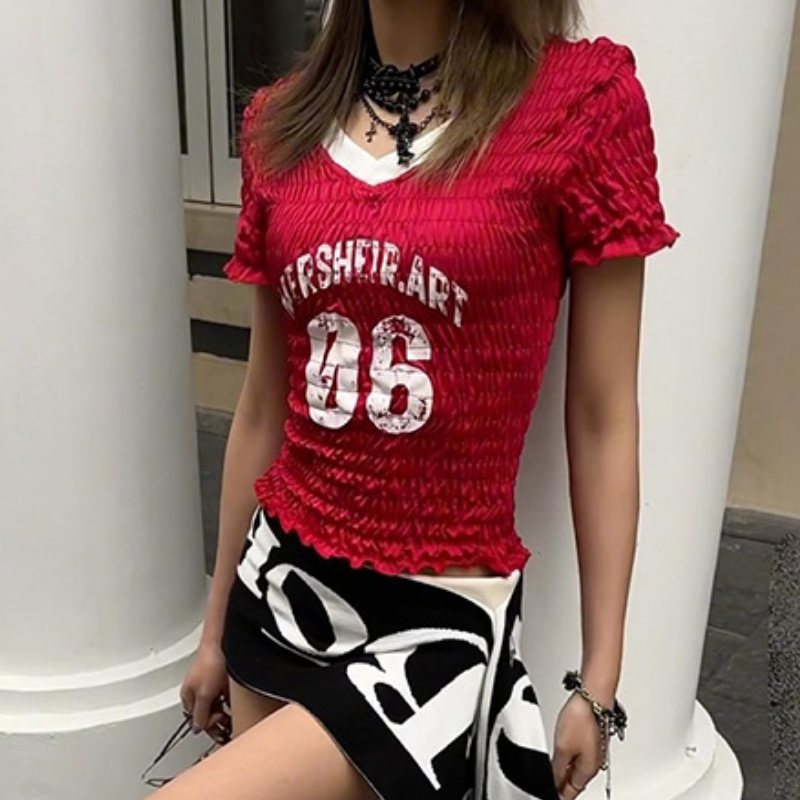 Y2K Street Style Red Ruched Crop Top - 'Mersheir.Art 06' Graphic V-Neck Tee