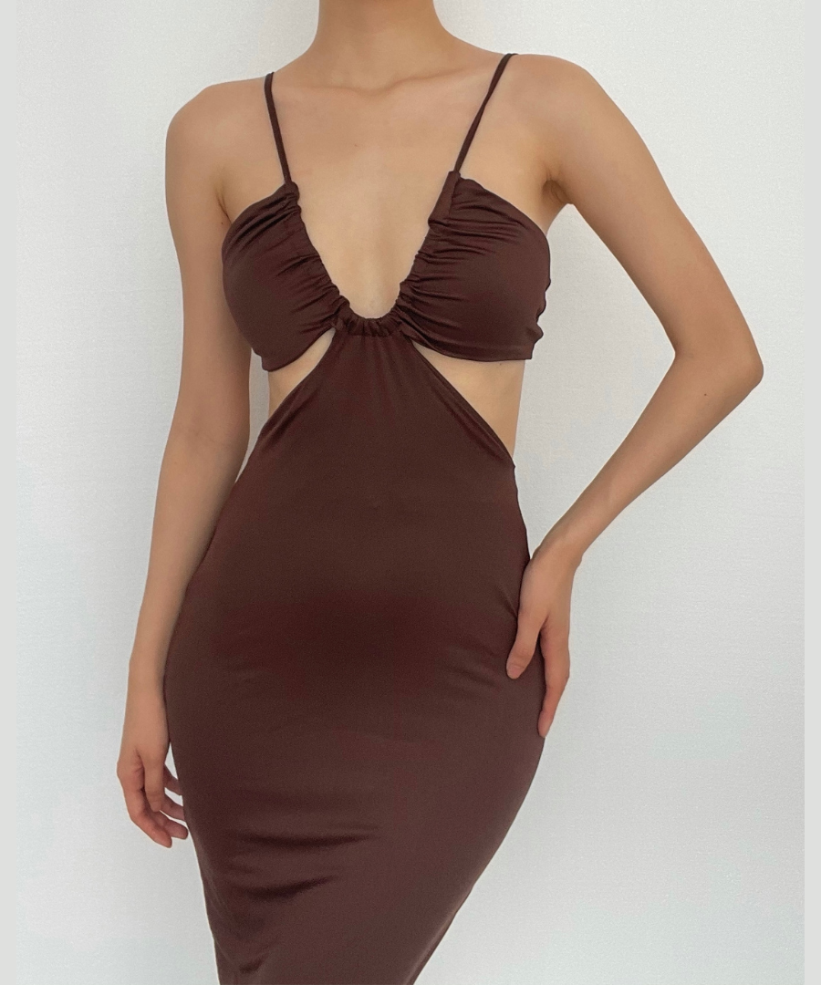 Espresso Allure Cutout Midi Dress - Ruched Bodycon for Fall Nights