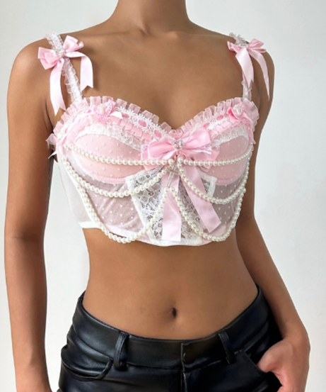 Enchanting Pink Pearl Coquette Cami Top - Bows, Lace & Ruffles for Fall & Holiday Sparkle
