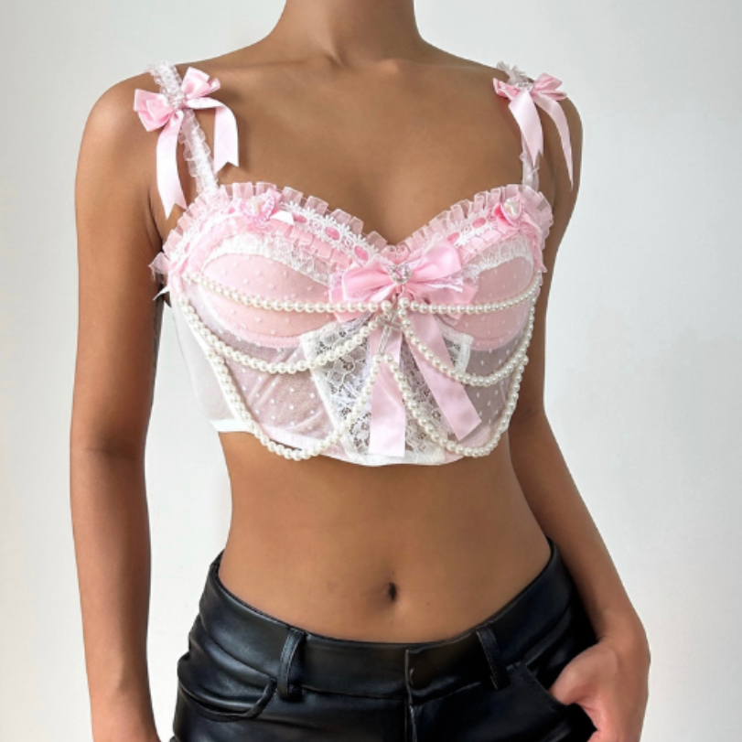 Enchanting Pink Pearl Coquette Cami Top - Bows, Lace & Ruffles for Fall & Holiday Sparkle