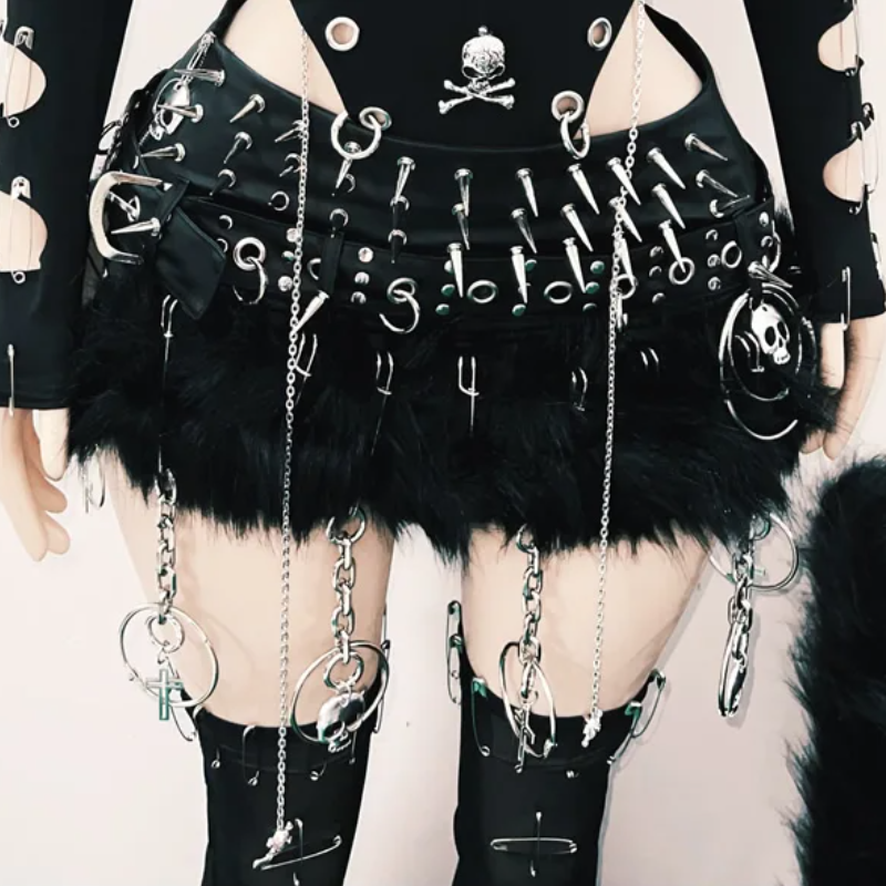 Women's Edgy Gothic Bodysuit: Skull, Chains & Safety Pin Cut-Outs | Halloween & Fall Concert Ready