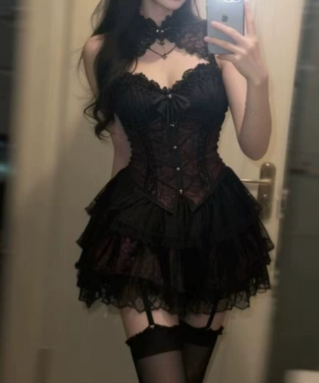 Enchanting Gothic Corset Mini Dress Set - Perfect for Halloween, Fall Parties & Dark Romance