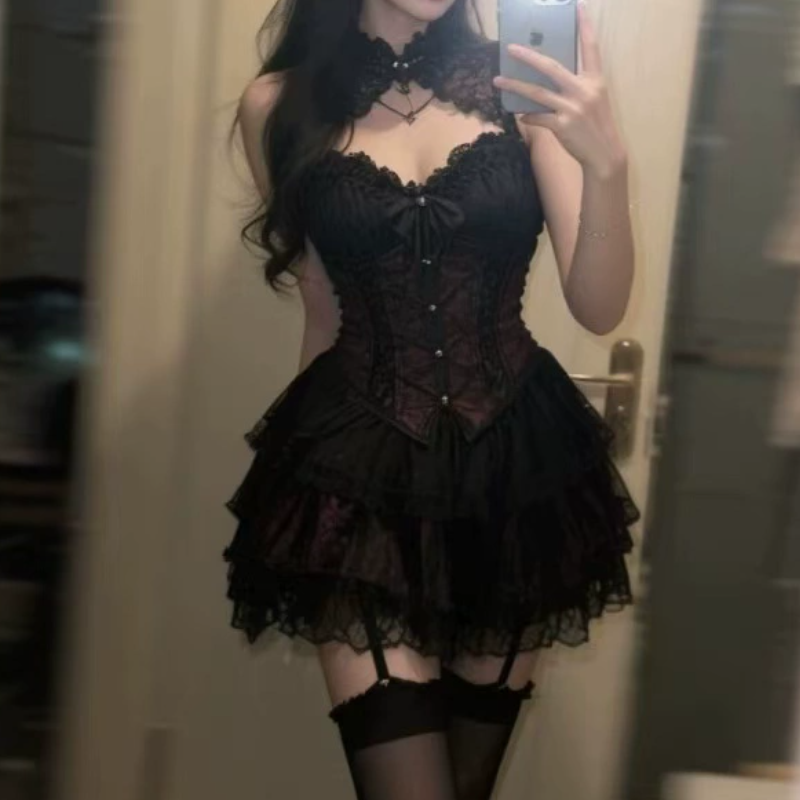 Enchanting Gothic Corset Mini Dress Set - Perfect for Halloween, Fall Parties & Dark Romance