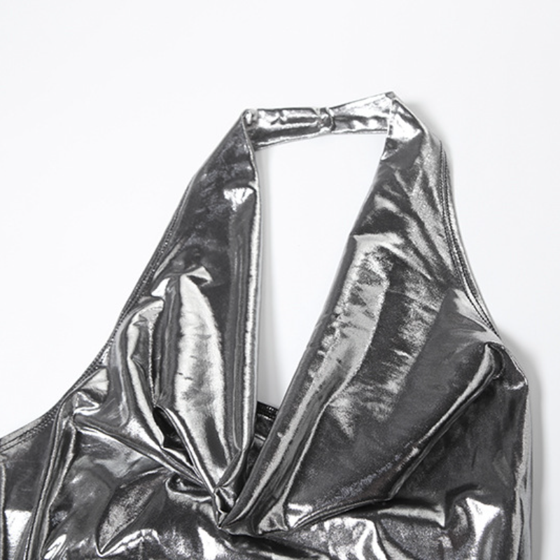 Radiant Metallic Halter Maxi Dress with Slit – Your Go-To for Festive Galas & New Year's Eve