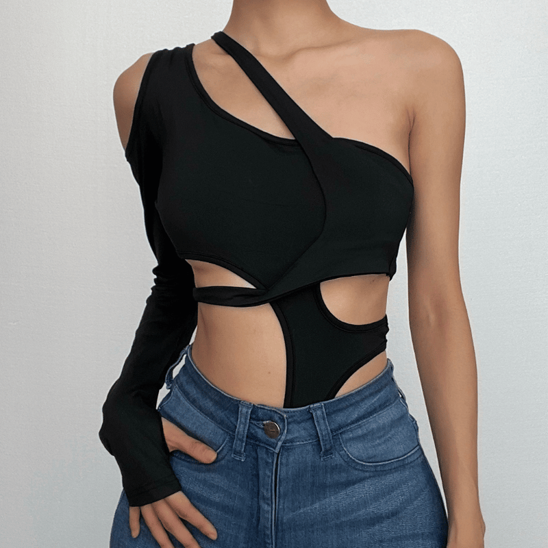 Mystic Nights One-Shoulder Cut-Out Bodysuit - Edgy Black Long Sleeve for Fall Parties & Halloween