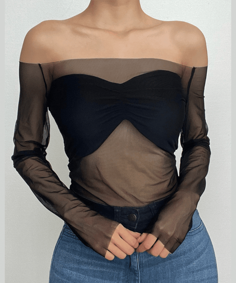 Fall Nights Out: Chic Sheer Mesh Off-Shoulder Sweetheart Top - Date Night & Party Ready
