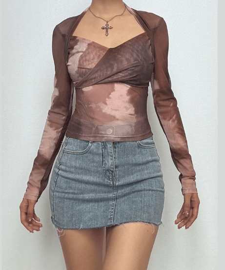 Autumn Edge Tie-Dye Mesh Wrap Top - Chic Long Sleeve Sheer Style